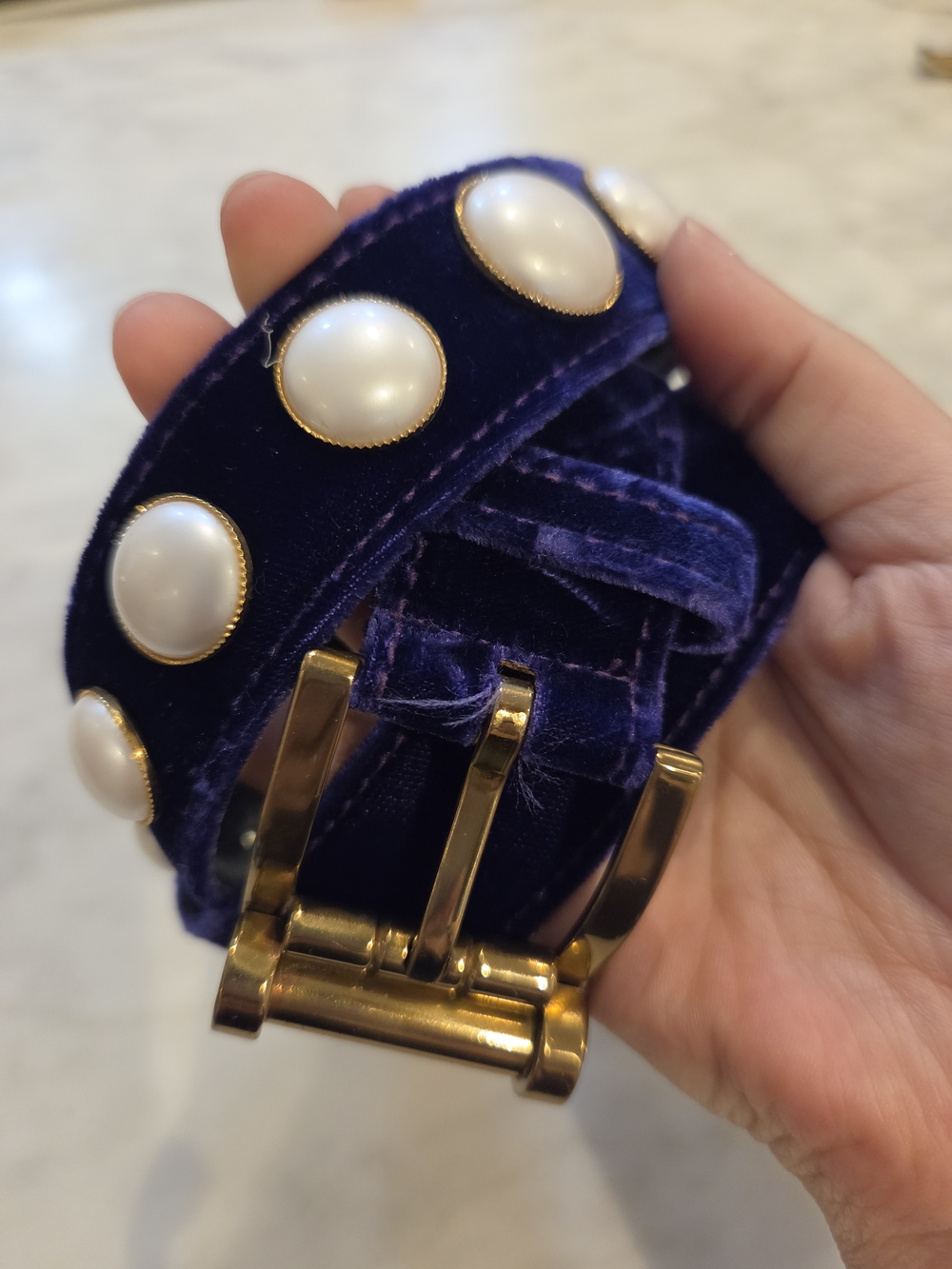 Vintage Versace Purple Velvet Pearl-Stud Gold Buckle Belt Size 85